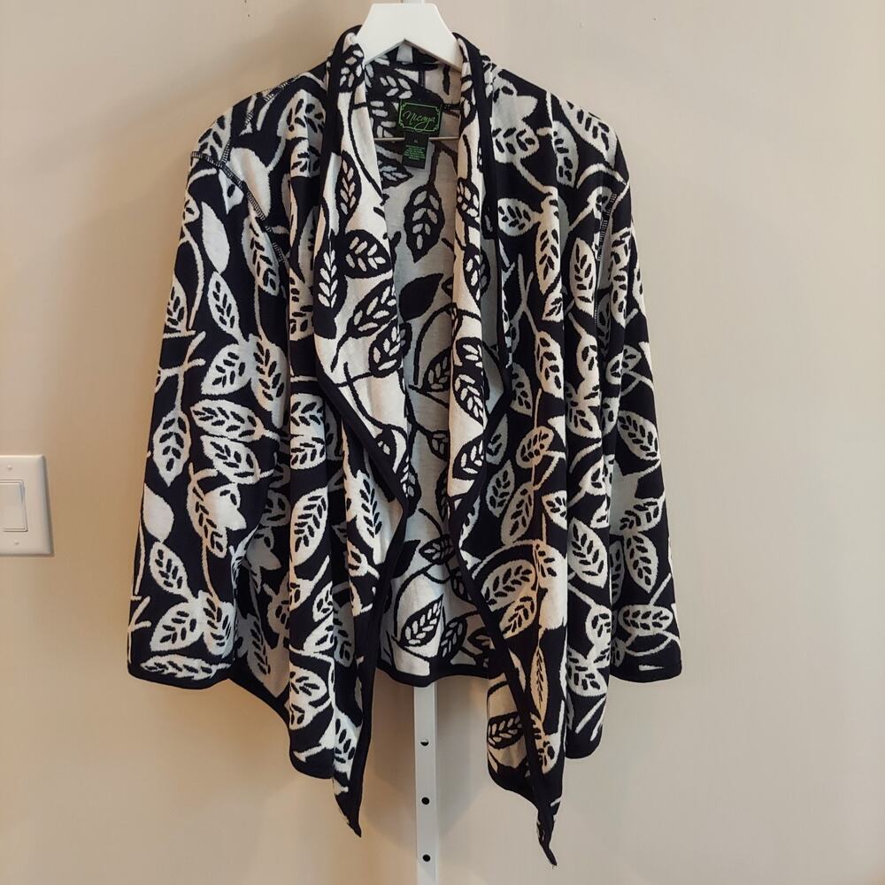 Nicaya Womens XL Black‎ White Leaf Print Draped Open Front Waterfall Cardigan